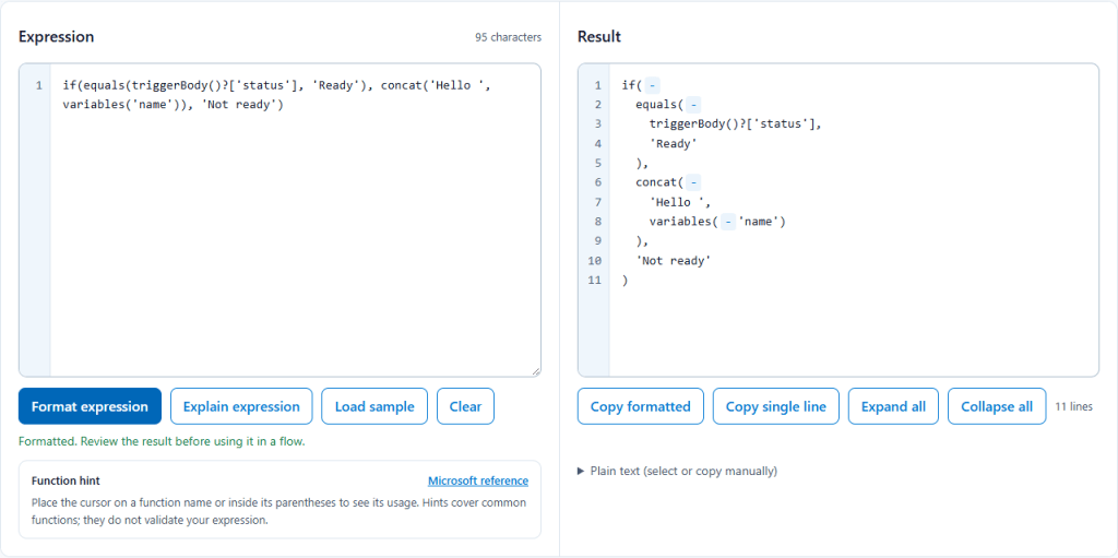 Expression formatter with a one-line expression in the left editor and the formatted, indented, collapsible result on the right
