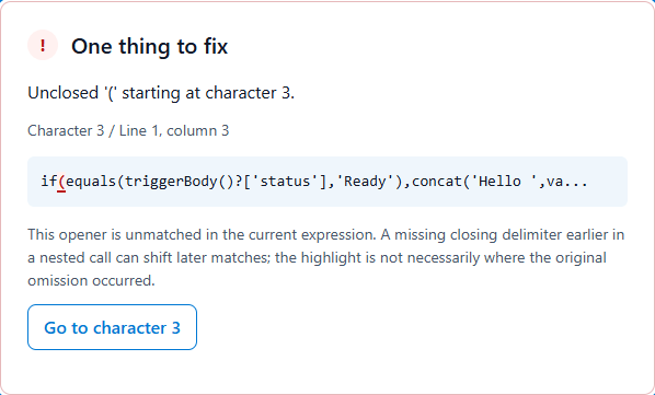 Diagnostic message reporting an unclosed parenthesis at character 3, with a Go to character button