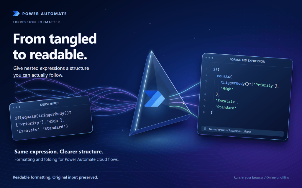 Power Automate Expression Formatter hero graphic showing a glowing prism between tangled expressions and readable formatted code.
