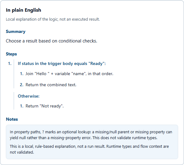 Explanation mode showing Summary, Steps, and Notes for a formatted expression