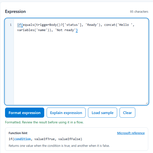 Expression editor with the cursor on the opening parenthesis of if(, with that parenthesis and its matching closing parenthesis underlined, and the function hint for if shown below